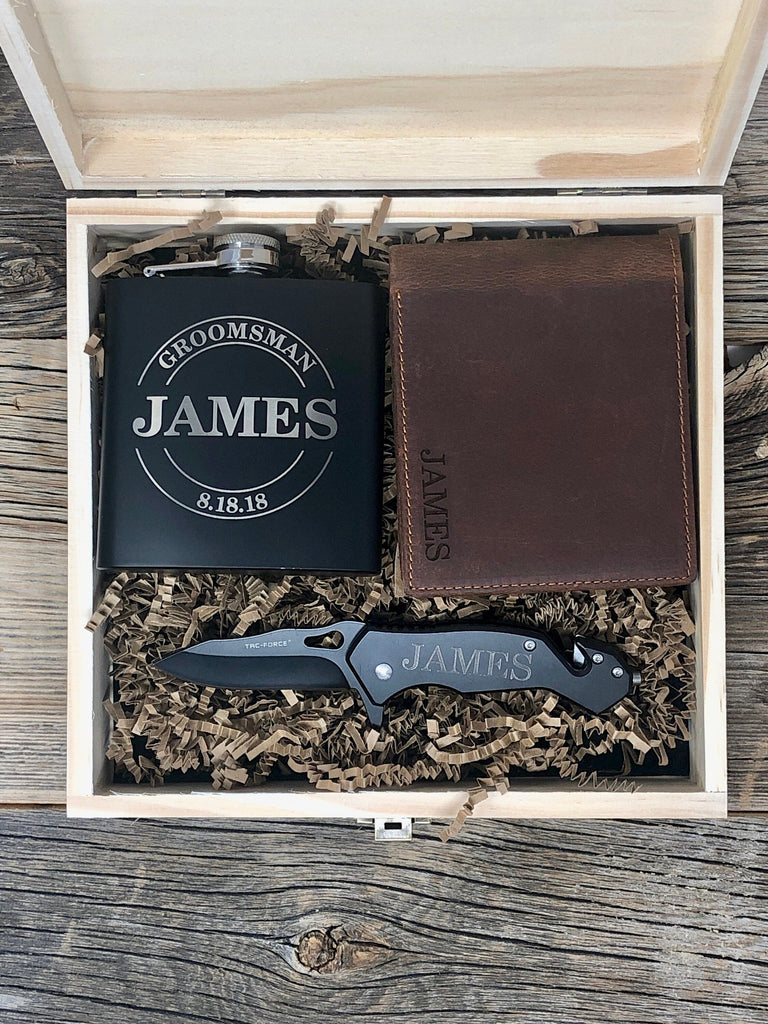 Groomsmen Gift Set, Groomsmen Flask, Groomsmen Knife, Groomsmen Wallet, Groomsmen Gift Box, Groomsmen Proposal Set, Husband Gift Set Engrave