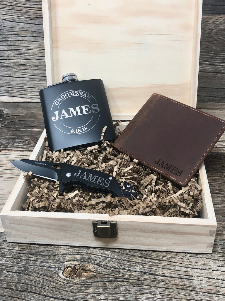 Groomsmen Gift Set, Groomsmen Flask, Groomsmen Knife, Groomsmen Wallet, Groomsmen Gift Box, Groomsmen Proposal Set, Husband Gift Set Engrave