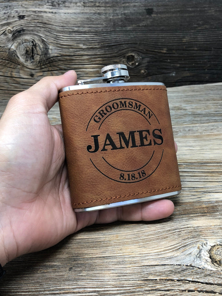 Personalized Genuine Leather Wallet, Engraved Vegan Leather Flask, Wooden Box, Mens Gift Set, Groomsmen Gift, Groomsmen Personalized Knife