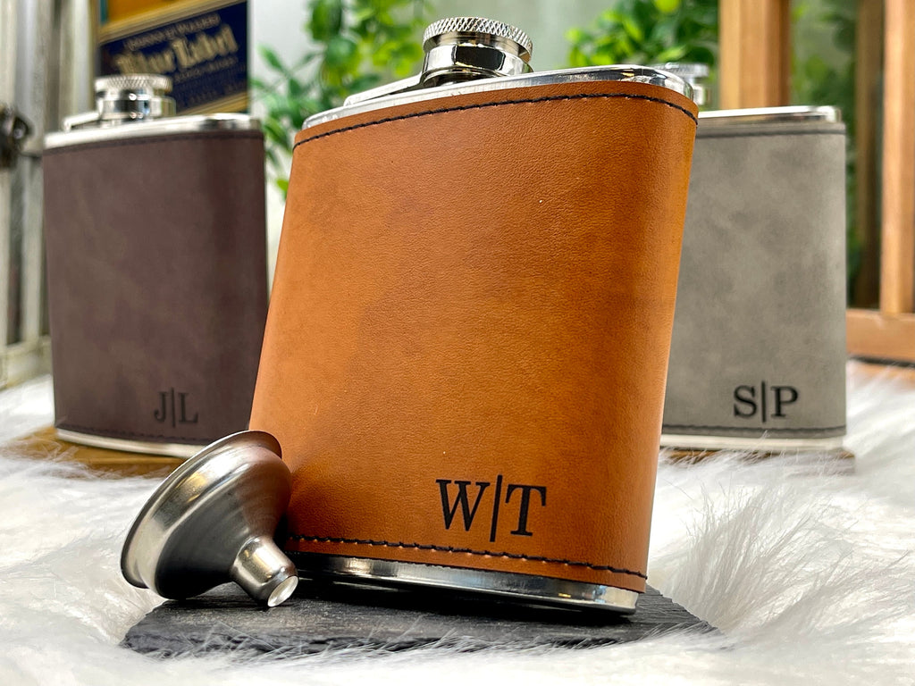 Engraved Leather Wrapped Personalized Flasks Groomsmen Gift for Him