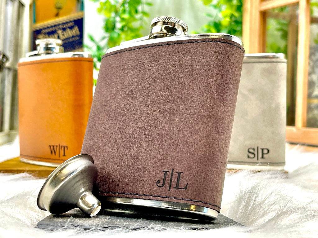 Engraved Leather Wrapped Personalized Flasks Groomsmen Gift for Him