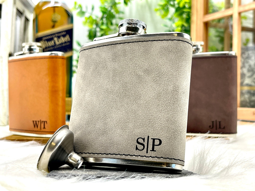 Engraved Leather Wrapped Personalized Flasks Groomsmen Gift for Him