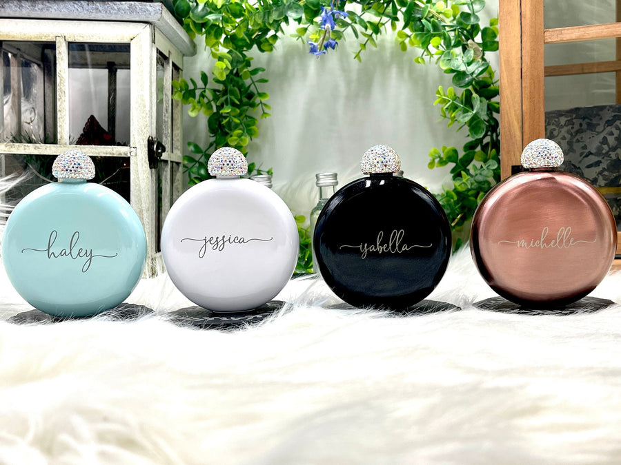 Personalized Round Flasks with Rhinestone Lid for Bridesmaid Gifts