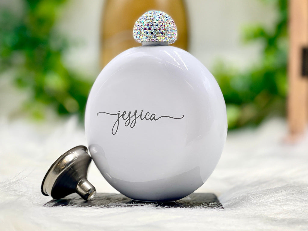 Personalized Round Flasks with Rhinestone Lid for Bridesmaid Gifts