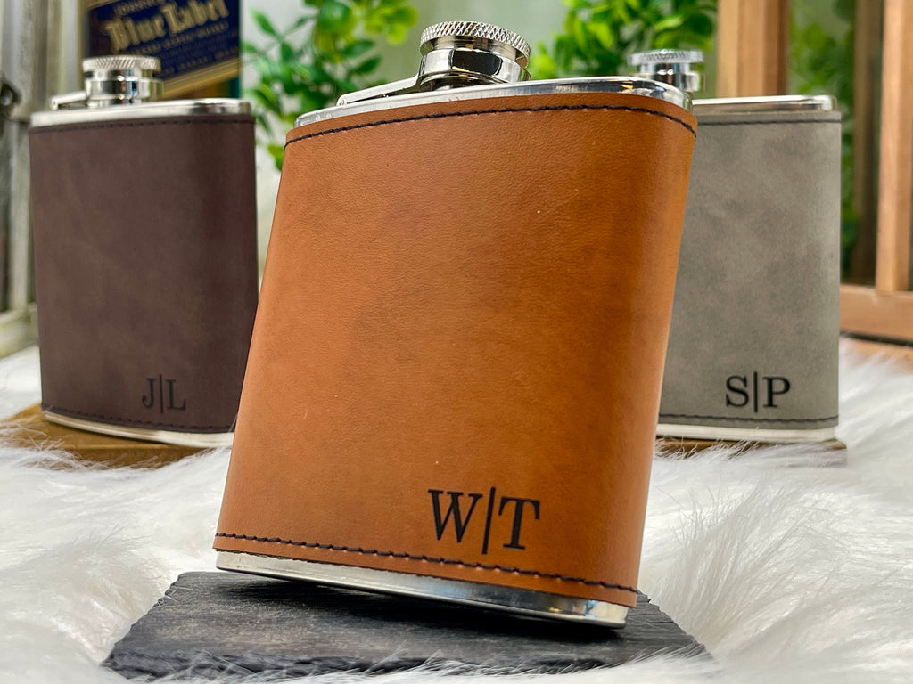 Engraved Leather Wrapped Personalized Flasks Groomsmen Gift for Him