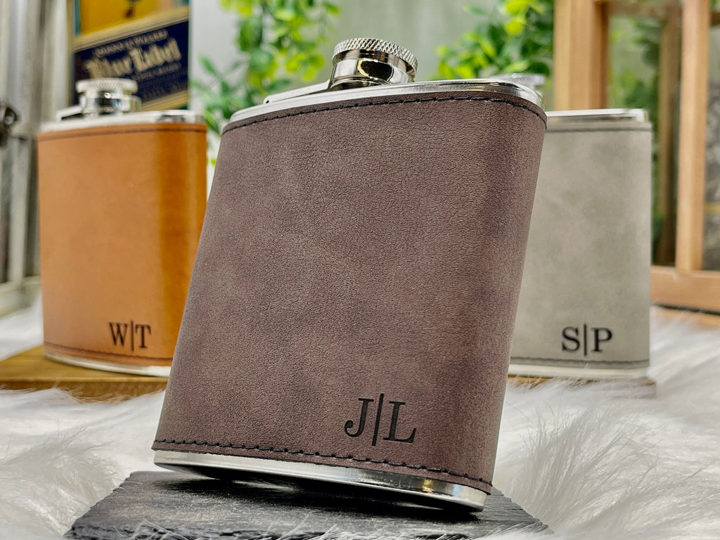 Engraved Leather Wrapped Personalized Flasks Groomsmen Gift for Him