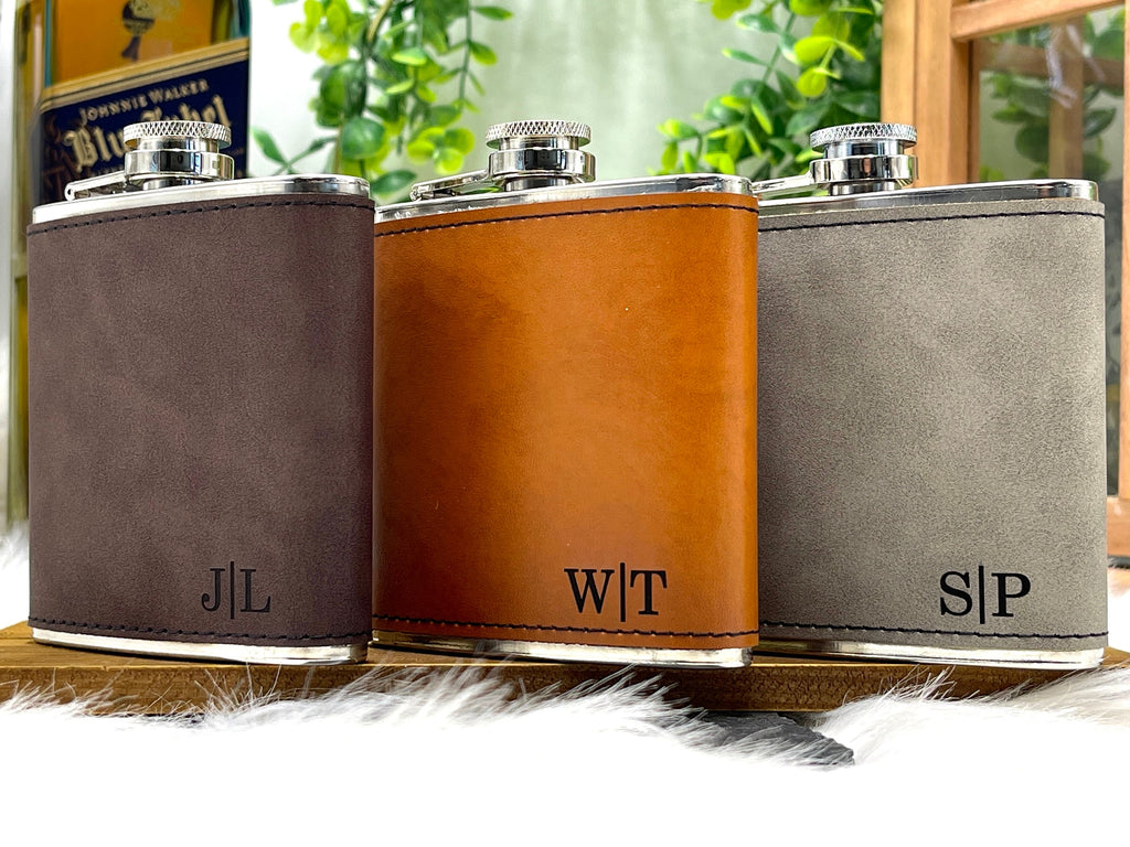 Engraved Leather Wrapped Personalized Flasks Groomsmen Gift for Him