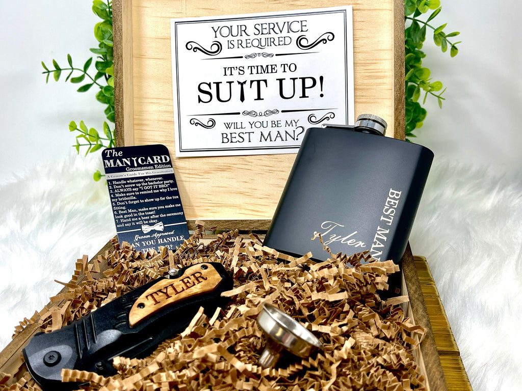 Personalized Groomsmen Proposal Gifts - Create your own Groomsmen Gifts with an Engraved Gift Box, Flask, Knife, and more!