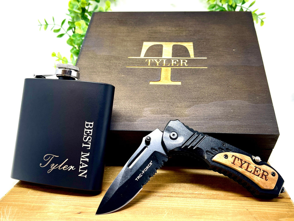 Personalized Groomsmen Proposal Gifts - Create your own Groomsmen Gifts with an Engraved Gift Box, Flask, Knife, and more!