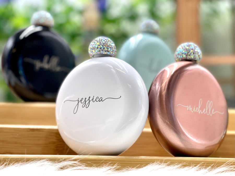 Personalized Round Flasks with Rhinestone Lid for Bridesmaid Gifts