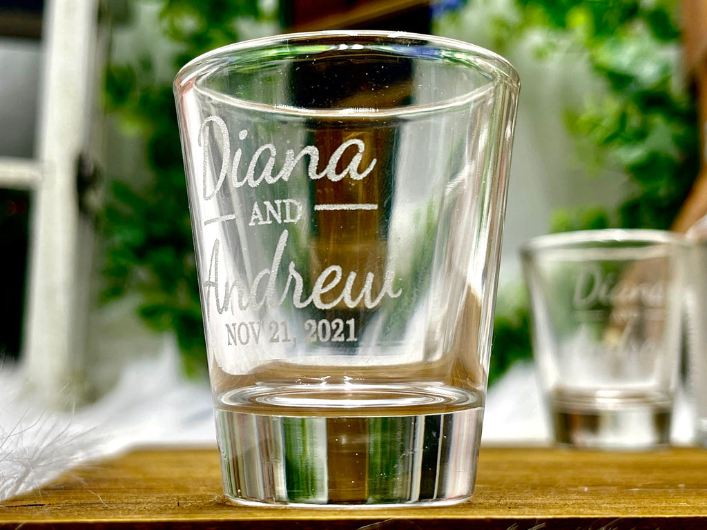 Personalized Wedding Favor Shot Glasses Engraved with Bride and Groom Names and Wedding Date