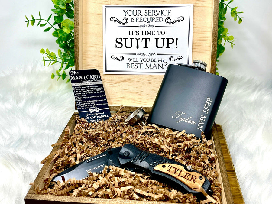 groomsmen tackle box Groomsmen Proposal Gift Box Set – Personalized Wooden Box, Flask, Knif – His Corner