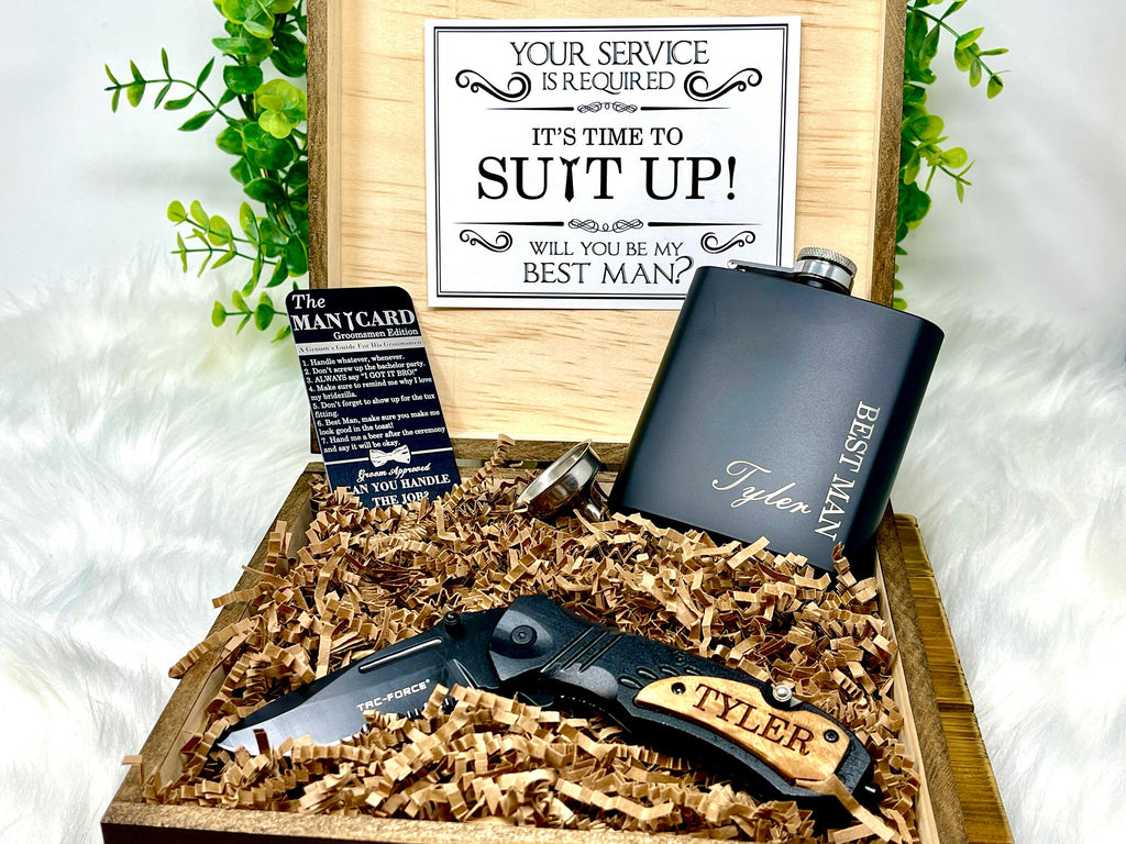 Personalized Groomsmen Proposal Gifts - Create your own Groomsmen Gifts with an Engraved Gift Box, Flask, Knife, and more!