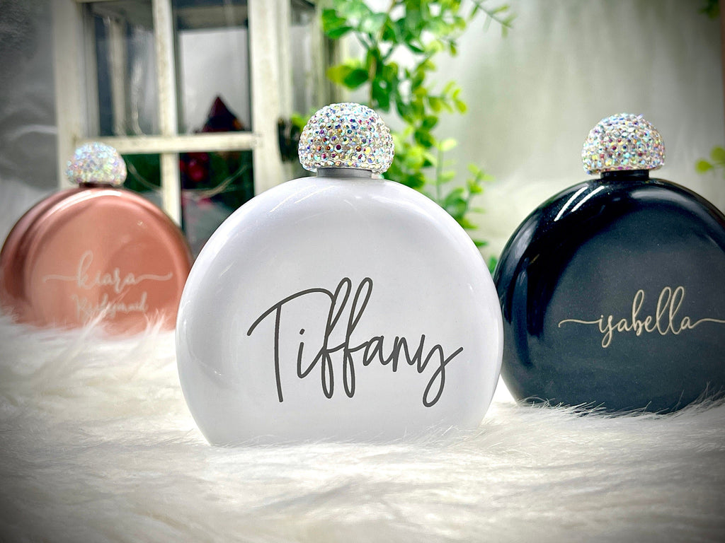 Bridal Party Gift for Friends Personalized Gifts for Her Gifts for Coworkers Office Party Gift Favors Shimmery Round Flasks with Rhinestones