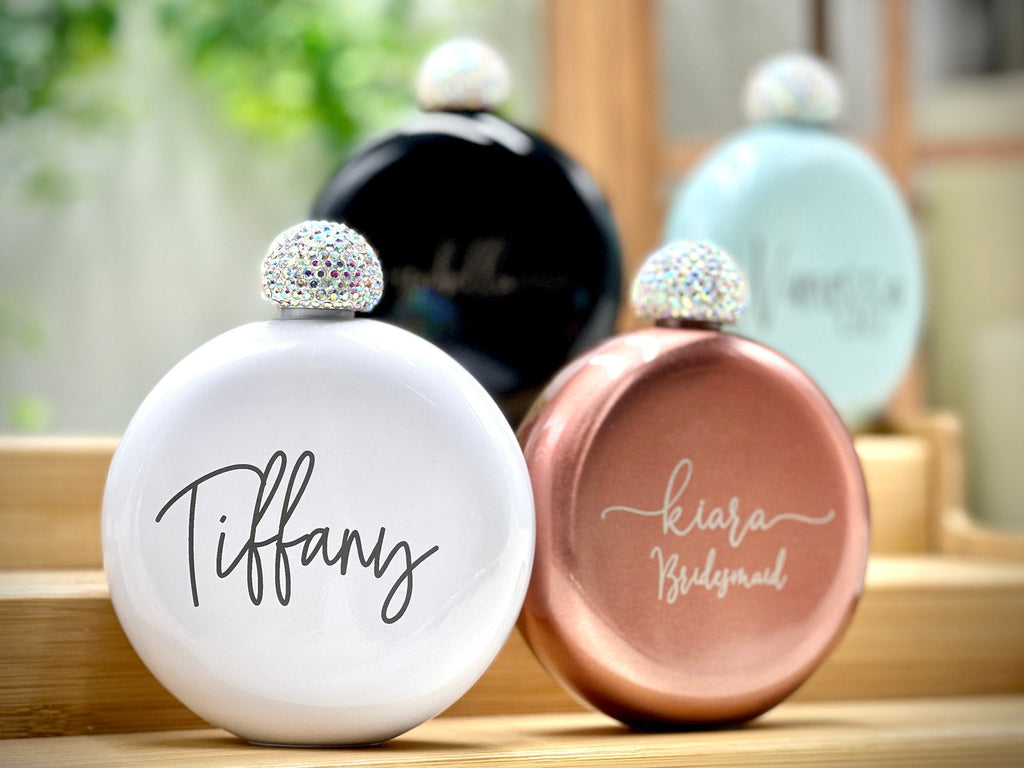 Bridal Party Gift for Friends Personalized Gifts for Her Gifts for Coworkers Office Party Gift Favors Shimmery Round Flasks with Rhinestones