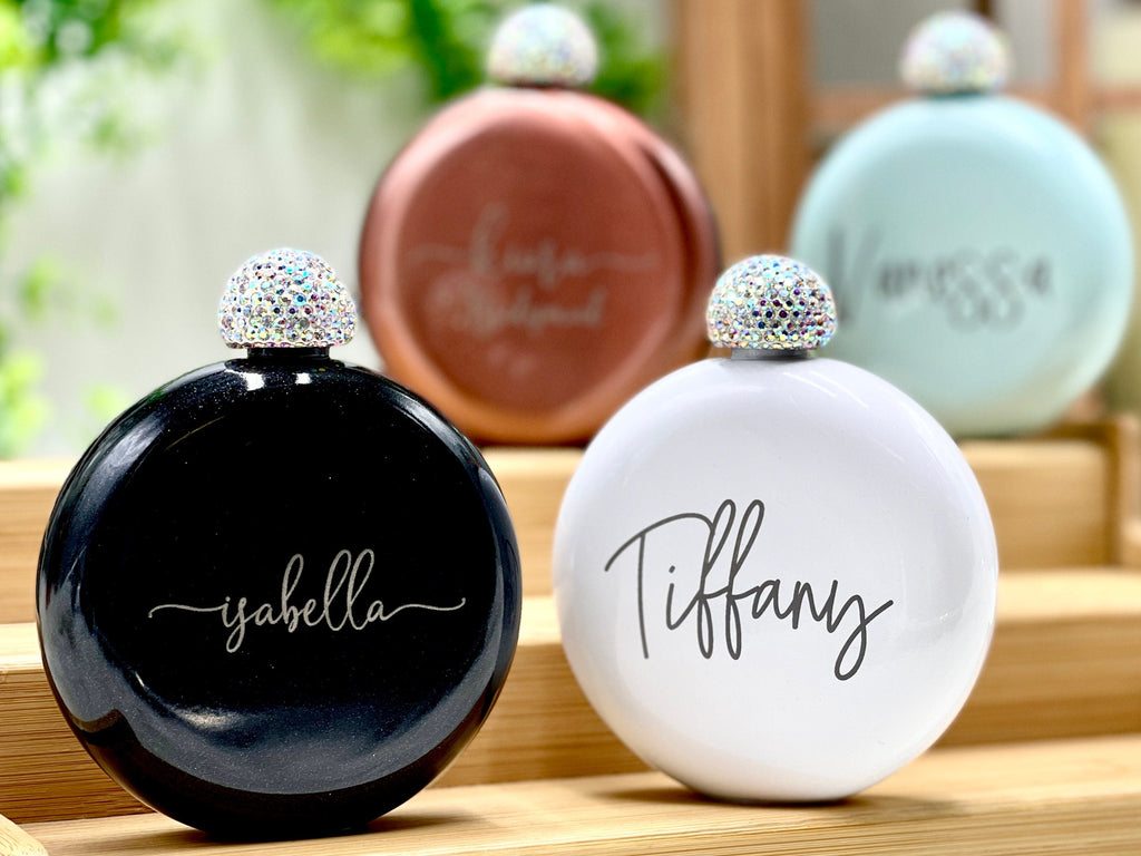 Bridal Party Gift for Friends Personalized Gifts for Her Gifts for Coworkers Office Party Gift Favors Shimmery Round Flasks with Rhinestones