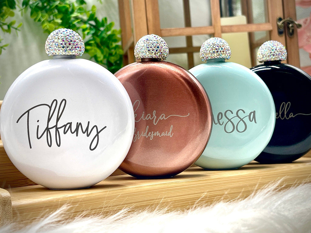 Bridal Party Gift for Friends Personalized Gifts for Her Gifts for Coworkers Office Party Gift Favors Shimmery Round Flasks with Rhinestones