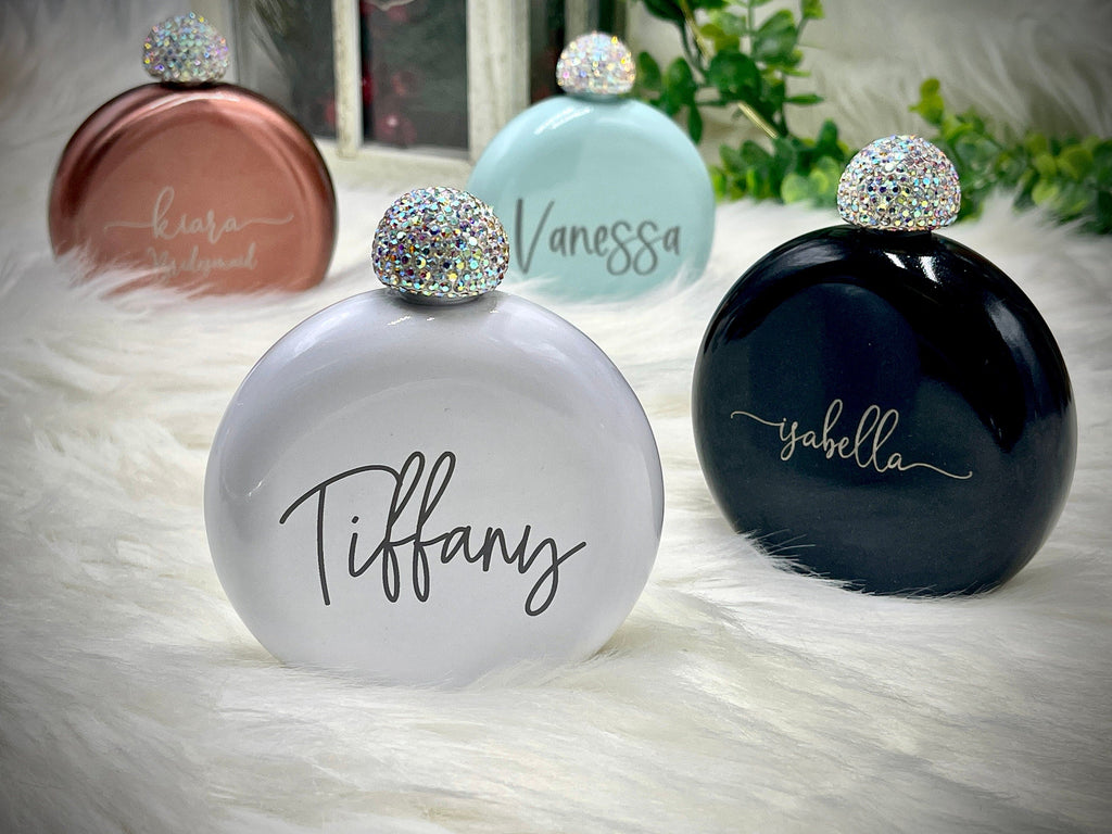 Bridal Party Gift for Friends Personalized Gifts for Her Gifts for Coworkers Office Party Gift Favors Shimmery Round Flasks with Rhinestones