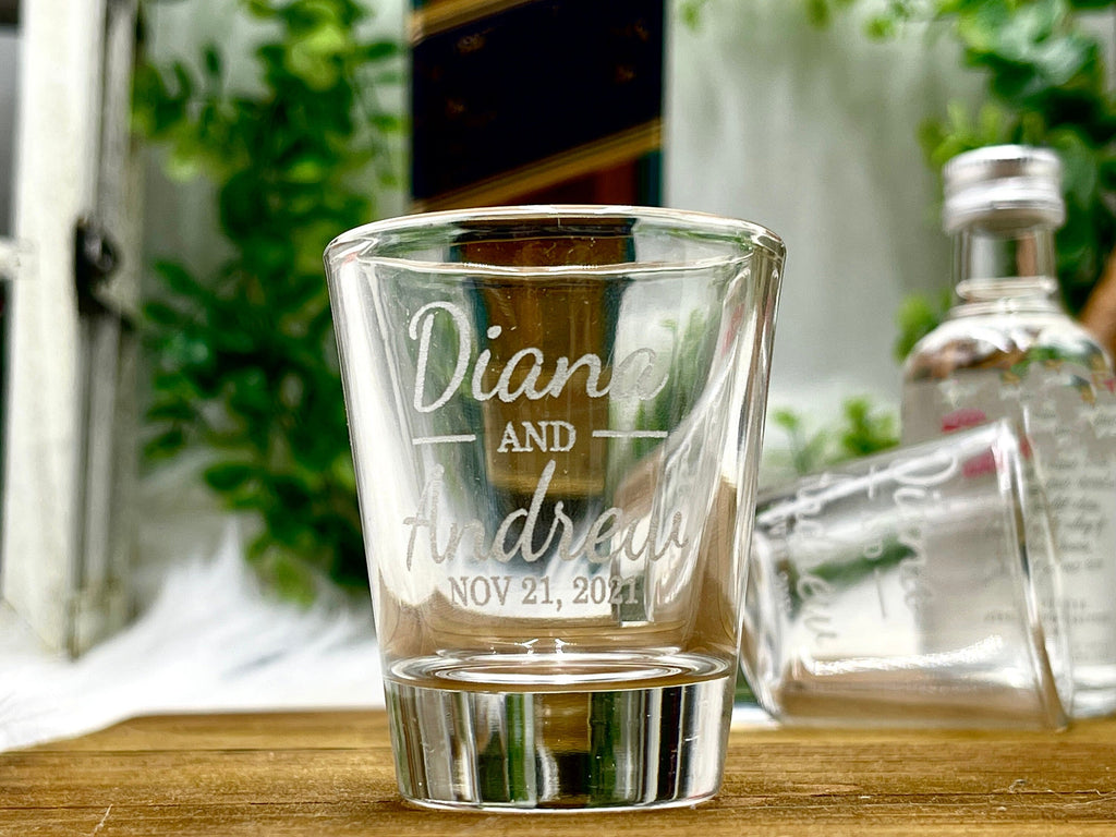 Personalized Wedding Favor Shot Glasses Engraved with Bride and Groom Names and Wedding Date