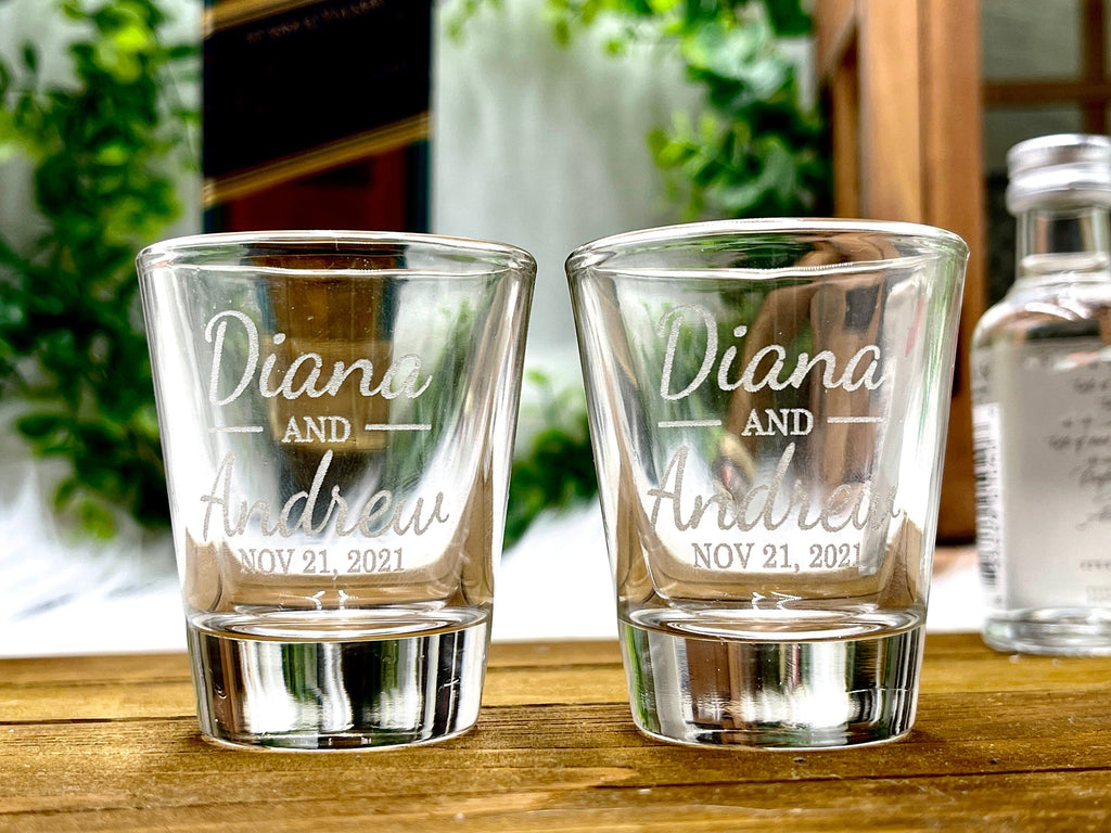 Personalized Wedding Favor Shot Glasses Engraved with Bride and Groom Names and Wedding Date