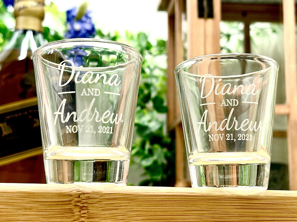 Personalized Wedding Favor Shot Glasses Engraved with Bride and Groom Names and Wedding Date