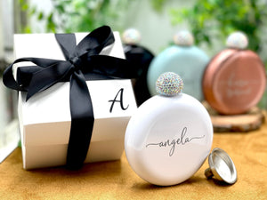 Personalized Round Flasks with Rhinestone Lid for Bridesmaid Gifts