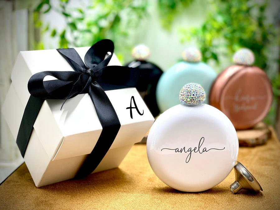 Personalized Round Flasks with Rhinestone Lid for Bridesmaid Gifts