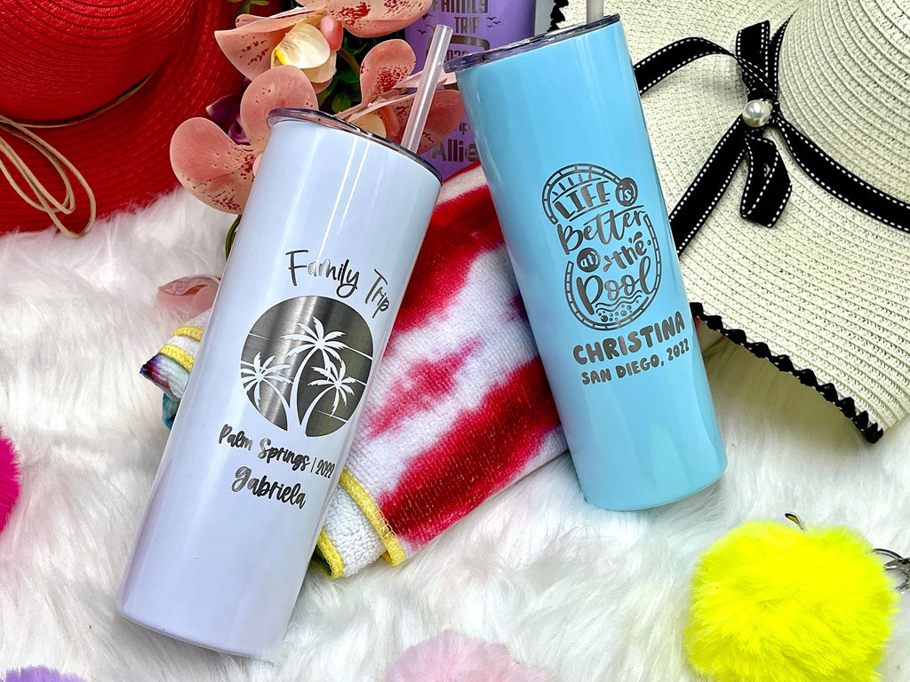 Engraved Family Trip Skinny Tumblers for Kids and Parents Vacation Getaway