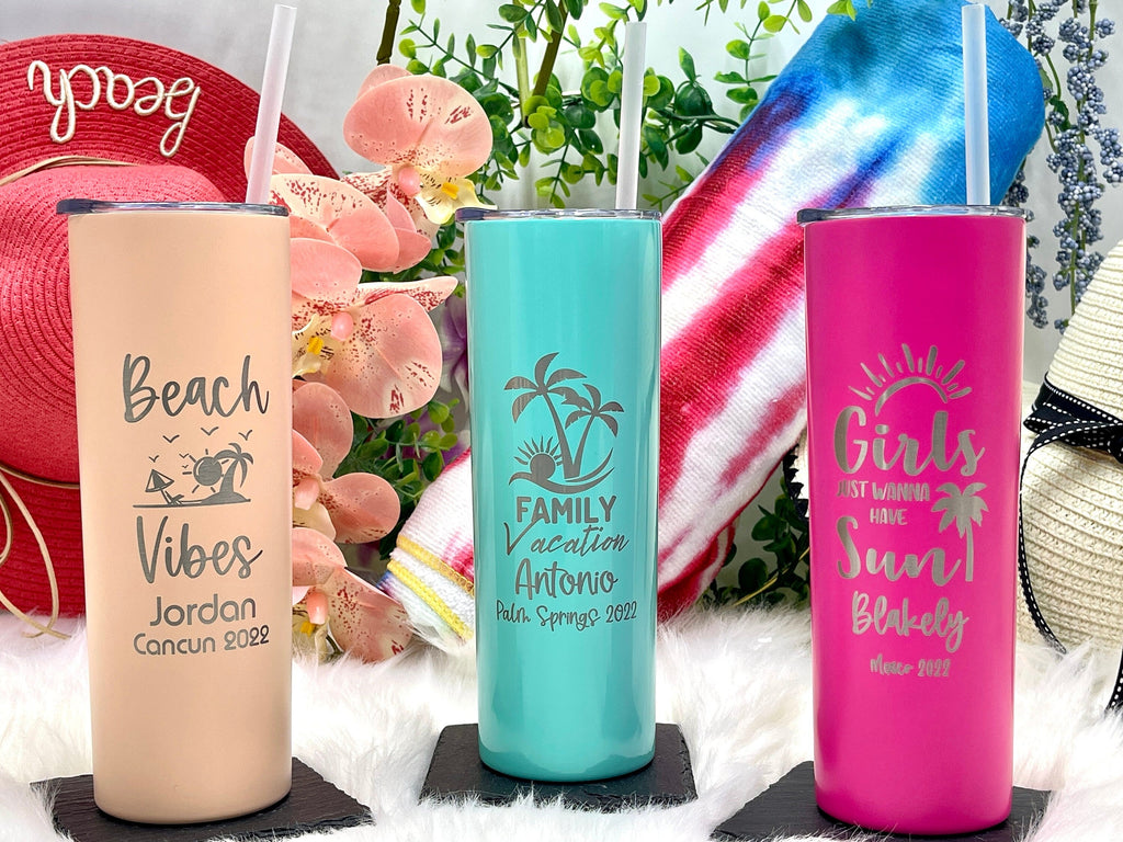 Engraved Family Trip Skinny Tumblers for Kids and Parents Vacation Getaway