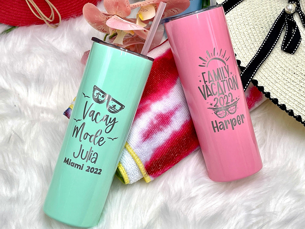 Engraved Family Trip Skinny Tumblers for Kids and Parents Vacation Getaway