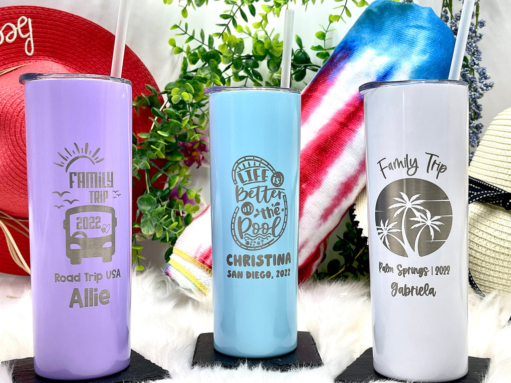 Engraved Family Trip Skinny Tumblers for Kids and Parents Vacation Getaway