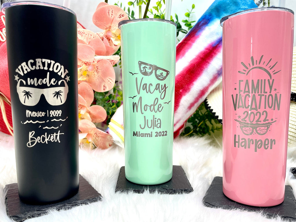 Engraved Family Trip Skinny Tumblers for Kids and Parents Vacation Getaway
