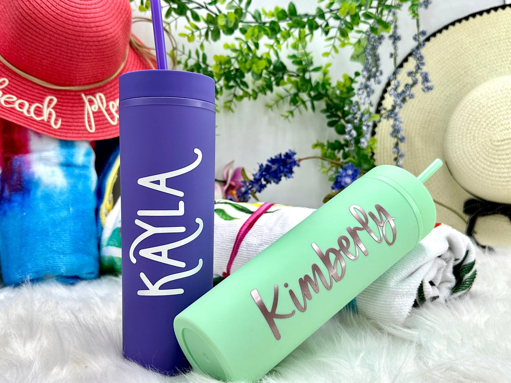 Personalized Acrylic Skinny Tumbler with Lid and Straw Gift for Bridesmaid Vacation Getaway