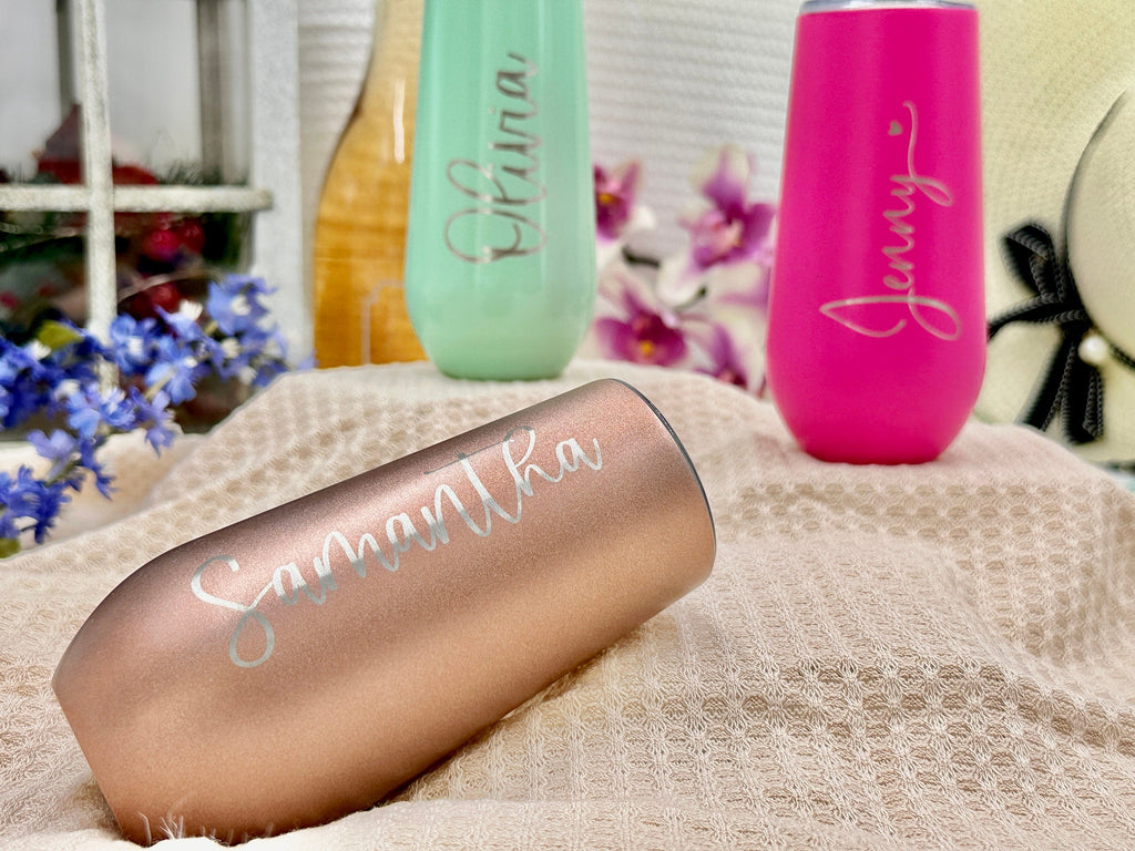 Personalized CHAMPAGNE FLUTE TUMBLERS with Lid for Bridesmaid and Maid of Honor Gifts