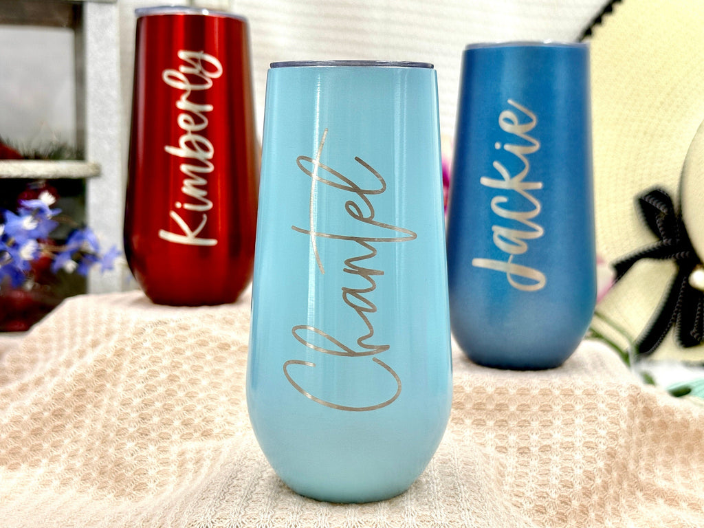 Personalized CHAMPAGNE FLUTE TUMBLERS with Lid for Bridesmaid and Maid of Honor Gifts