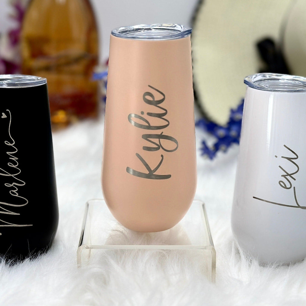 Personalized CHAMPAGNE FLUTE TUMBLERS with Lid for Bridesmaid and Maid of Honor Gifts