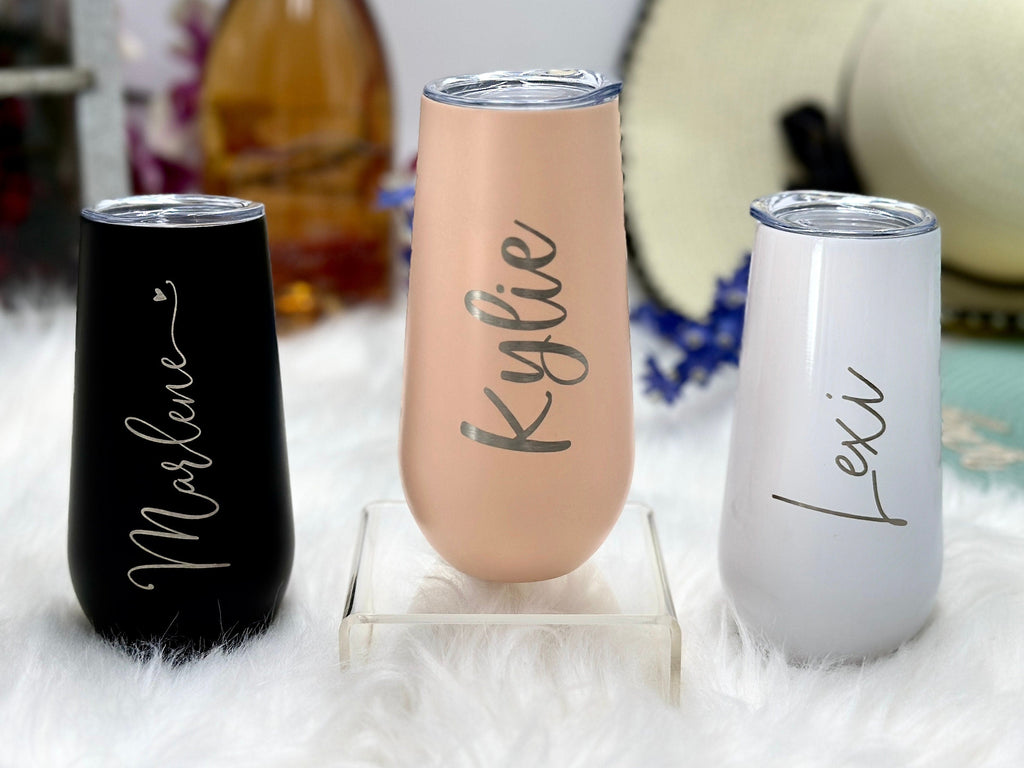 Personalized CHAMPAGNE FLUTES 6 Ounce Tumblers for Bachelorette Party Gifts for Her for Women Wedding Gift for Bridal Party Engraved Flute