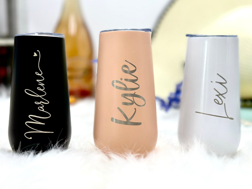 Personalized CHAMPAGNE FLUTE TUMBLERS with Lid for Bridesmaid and Maid of Honor Gifts