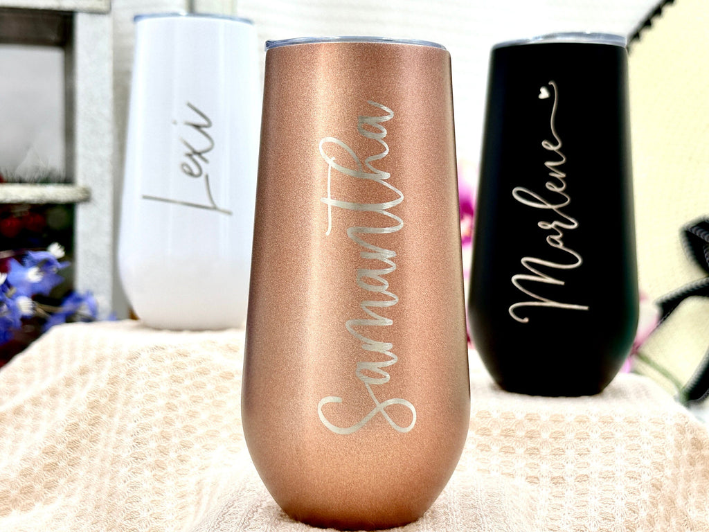 Personalized CHAMPAGNE FLUTE TUMBLERS with Lid for Bridesmaid and Maid of Honor Gifts