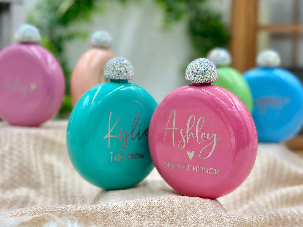 Personalized BRIDESMAID FLASKS with Rhinestone Lid for Bridesmaid Proposal Gifts
