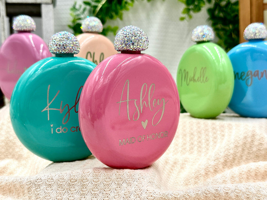 Personalized WOMENS FLASKS - Birthday Gifts for Her with Rhinestone Top, Girls Trip Gifts for Women, Best Friend Gift for Her, Vacation Trip