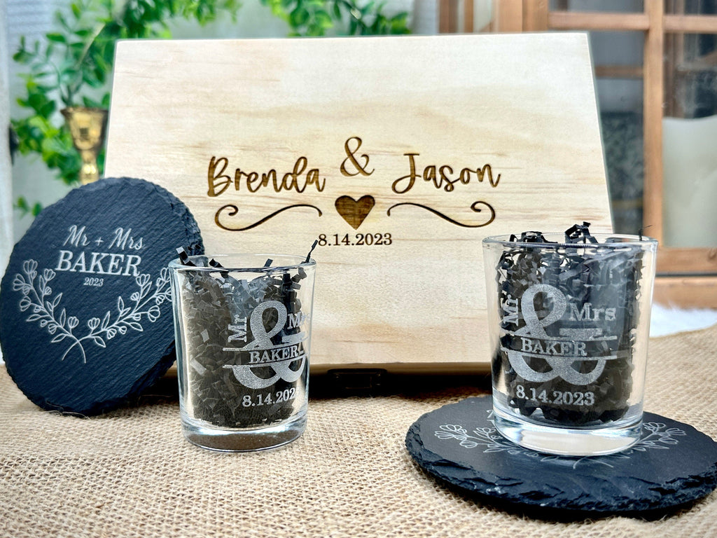 Newlyweds Custom Engraved Gift Box Set for Mr. and Mrs. with Shot Glasses and Slate Coasters