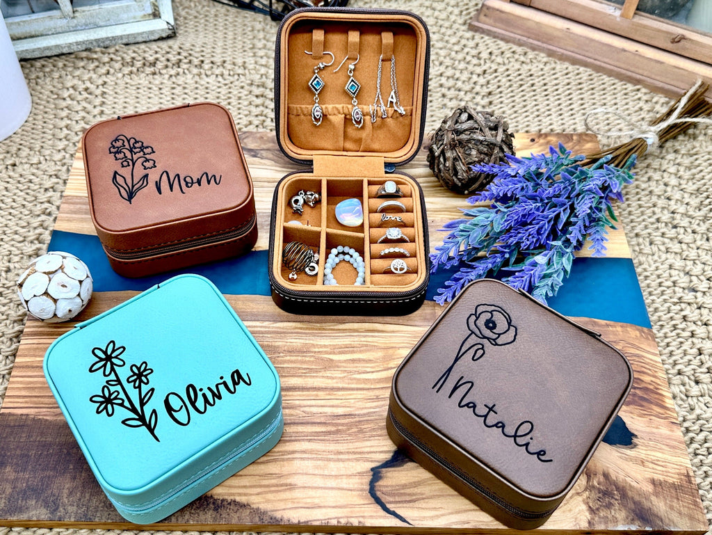 Personalized Jewelry Travel Birth Flower Case with Engraved Name Custom Jewelry Case Gifts for Her