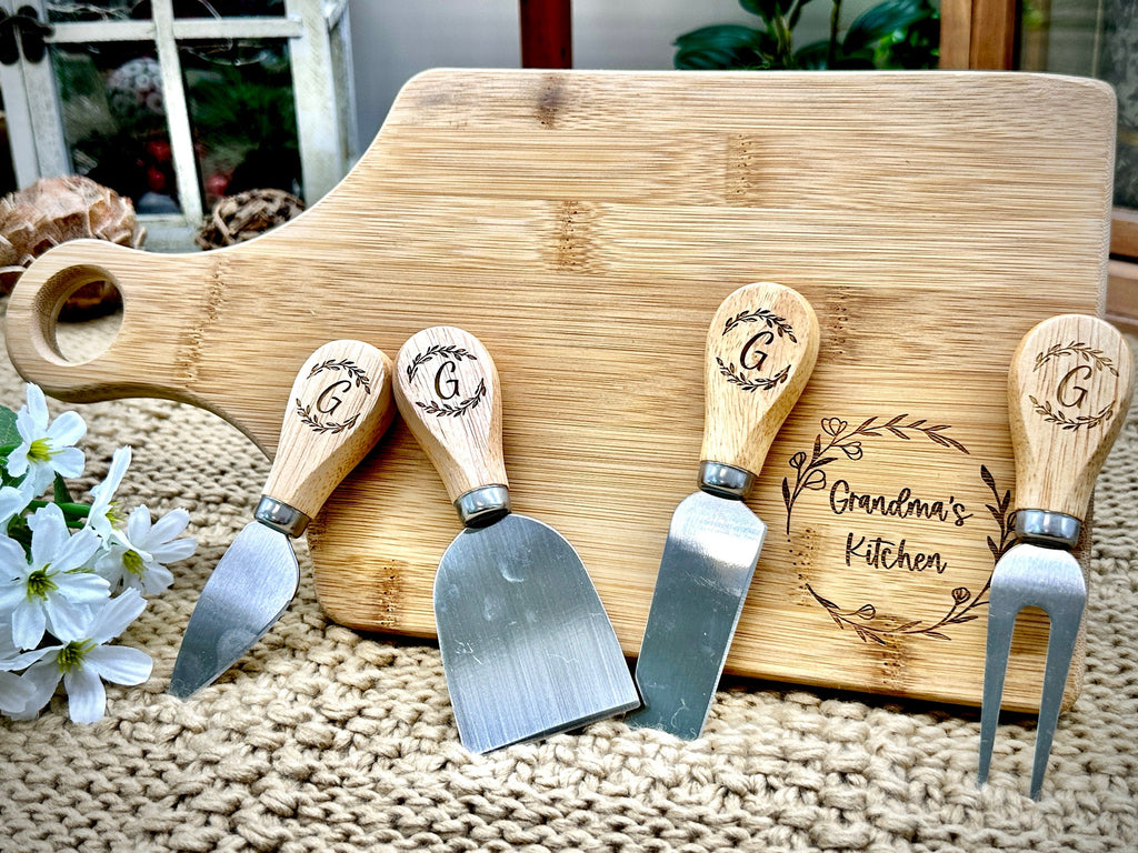 Charcuterie Serving Board with Cheese Serving Fork and Cheese Knives Personalized Gift for Mom