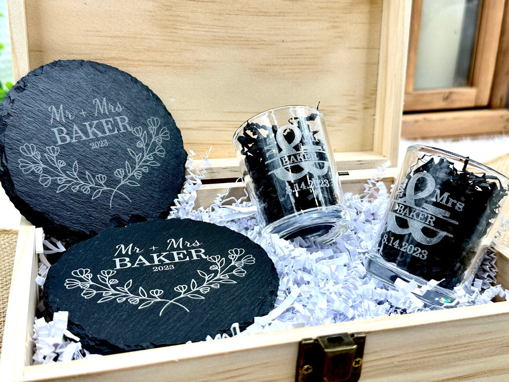 Newlyweds Custom Engraved Gift Box Set for Mr. and Mrs. with Shot Glasses and Slate Coasters