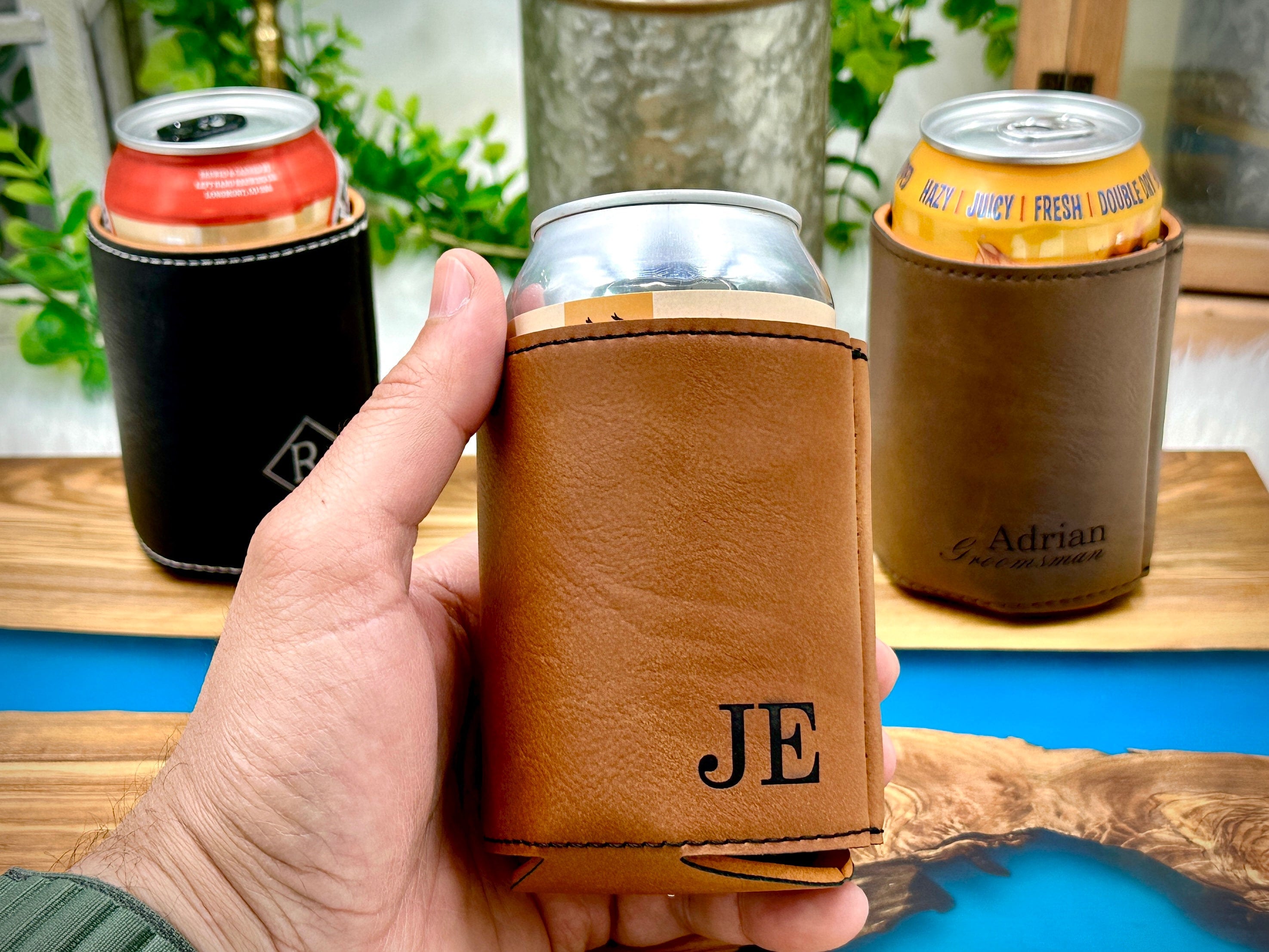 Personalized Groomsmen Can Cooler - Engraved Beer Can Holder For Wedding Party Gifts (Brown Leatherette)