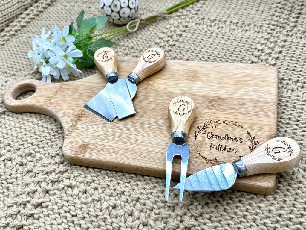 Charcuterie Serving Board with Cheese Serving Fork and Cheese Knives Personalized Gift for Mom