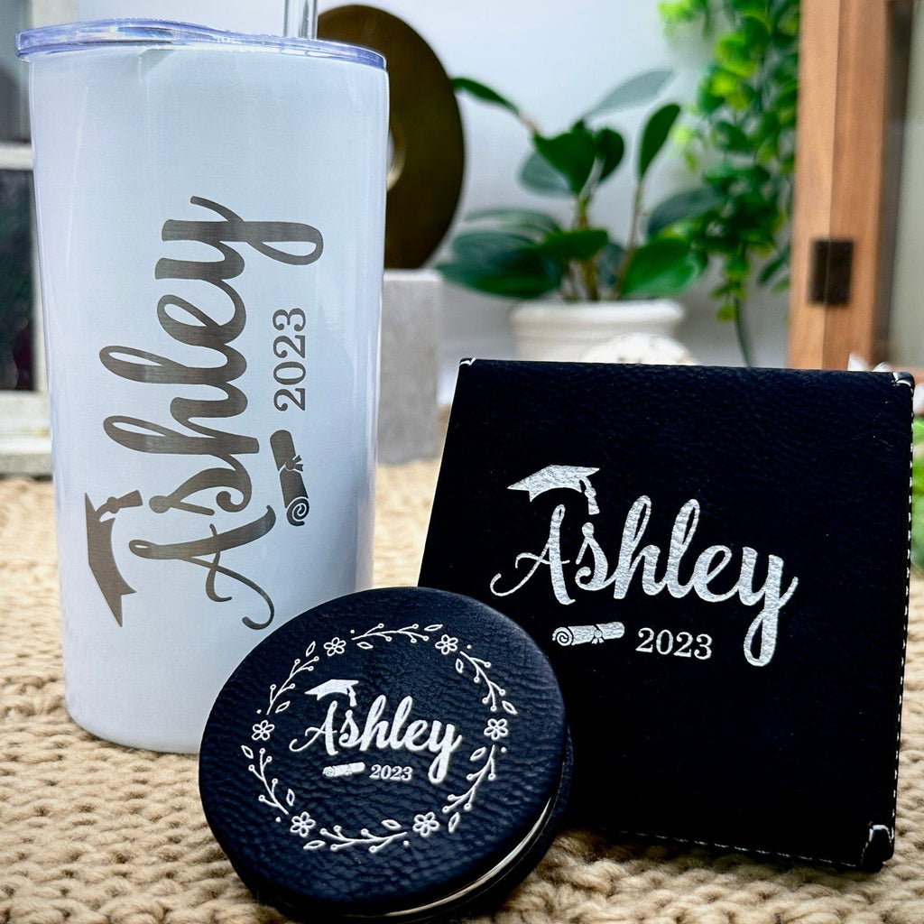 Graduation Gifts for Her, Personalized Graduation with Compact Mirror and Engraved Tumbler, Class of 2023 Engraved Graduation Gift