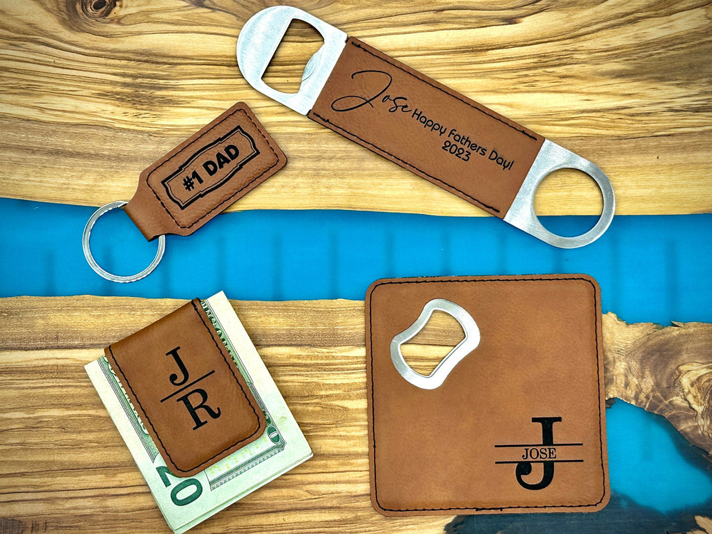 PERSONALIZED Gift for Dad -- Engraved Birthday Gift for Bonus Dad with Coaster, Bottle Opener, Money Clip, Keychain - Gift for Step Dad