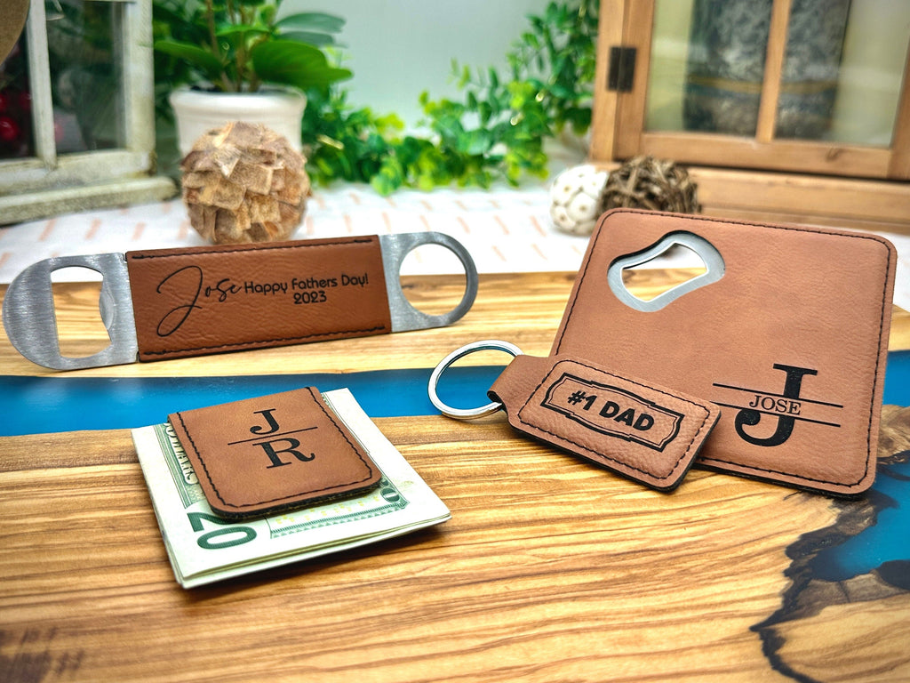 PERSONALIZED Gift for Dad -- Engraved Birthday Gift for Bonus Dad with Coaster, Bottle Opener, Money Clip, Keychain - Gift for Step Dad